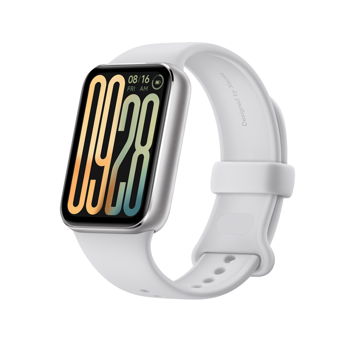 Biały smartwatch z białym paskiem i prostokątnym wyświetlaczem, na białym tle.