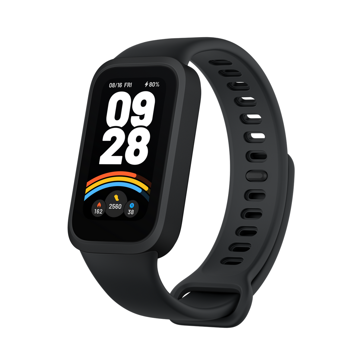 Schwarzer Fitnesstracker mit Digitalanzeige für Zeit, Schritte und Herzfrequenz.