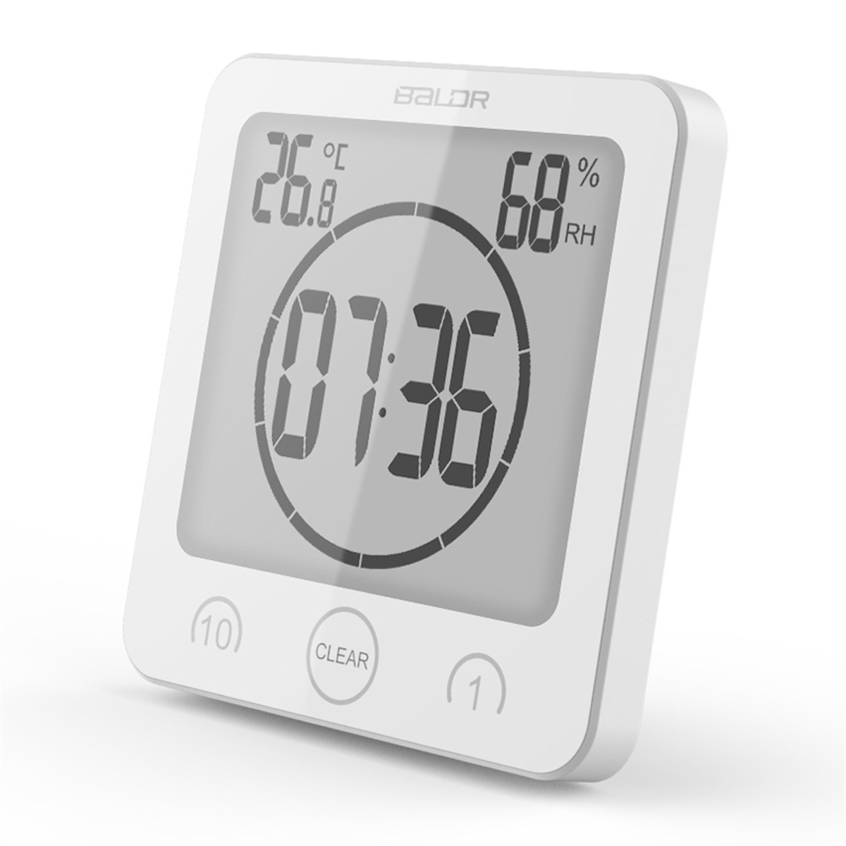 Weißer digitaler Timer mit quadratischer Form, der Zeit und Temperatur auf weißem Hintergrund anzeigt.