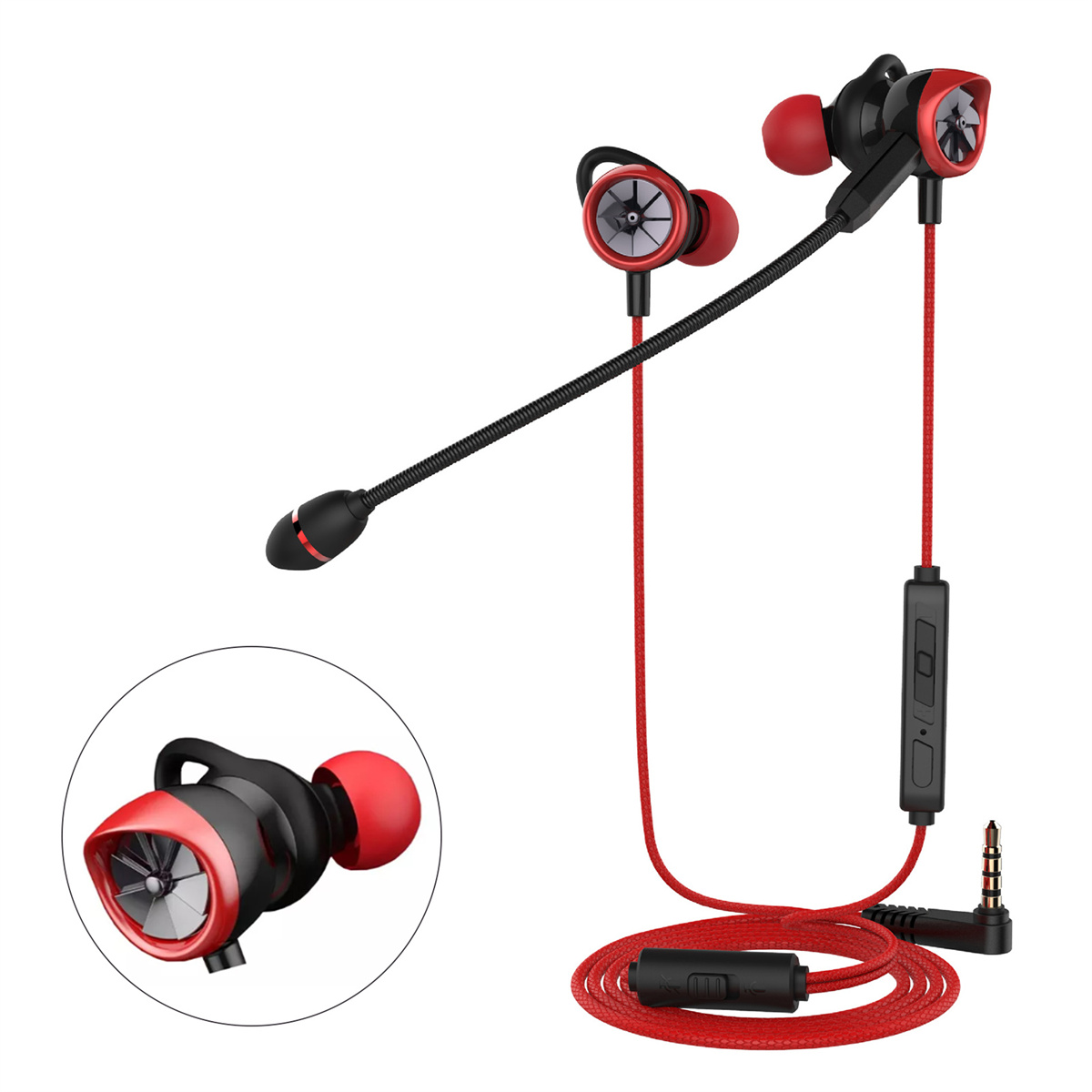 Rote und schwarze Gaming-Ohrhörer mit Mikrofon und rotem Kabel, isoliert auf Weiß.