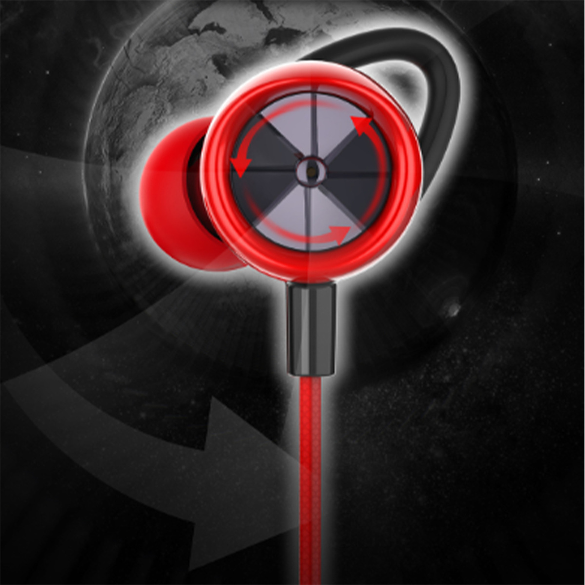 Rote und schwarze Kopfhörer mit einzigartigem, kreisförmigem Design und rotem Kabel.