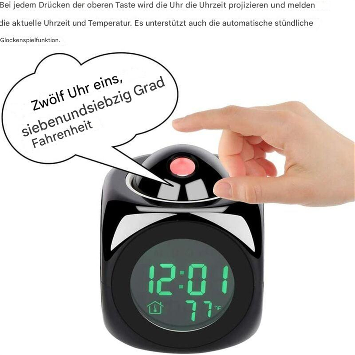 Schwarzer Wecker zeigt 12:01 und 77°F. Eine Hand zeigt auf die Uhr mit einer Sprechblase.