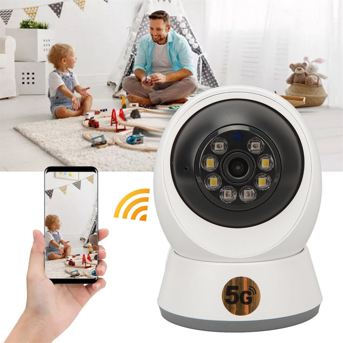 Ein weißer Babyphone auf einer weißen Oberfläche mit einer Familie im Hintergrund.