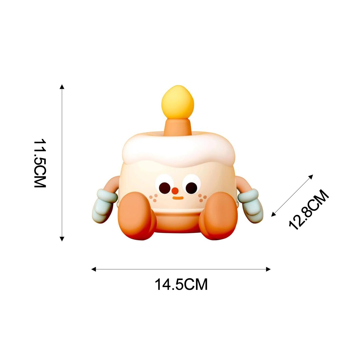 Ein Cartoon-Kuchen mit Armen und Beinen, mit den Maßen 11,5 cm, 12,8 cm und 14,5 cm.