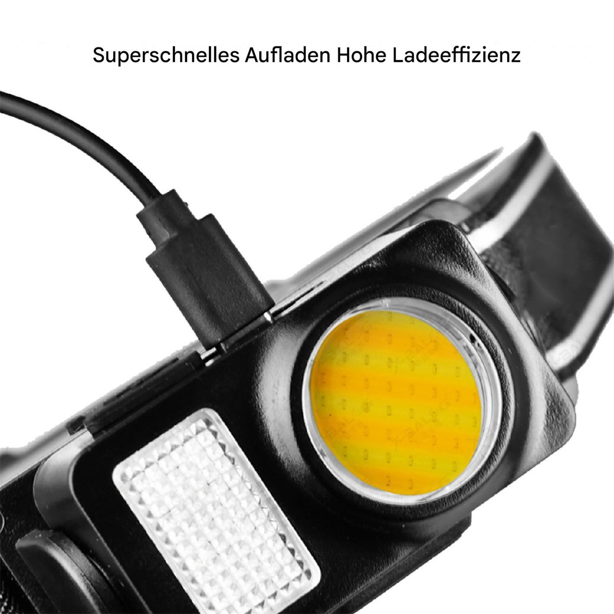 Schwarze Stirnlampe mit gelbem Licht und einem Ladeanschluss mit einem schwarzen Kabel.