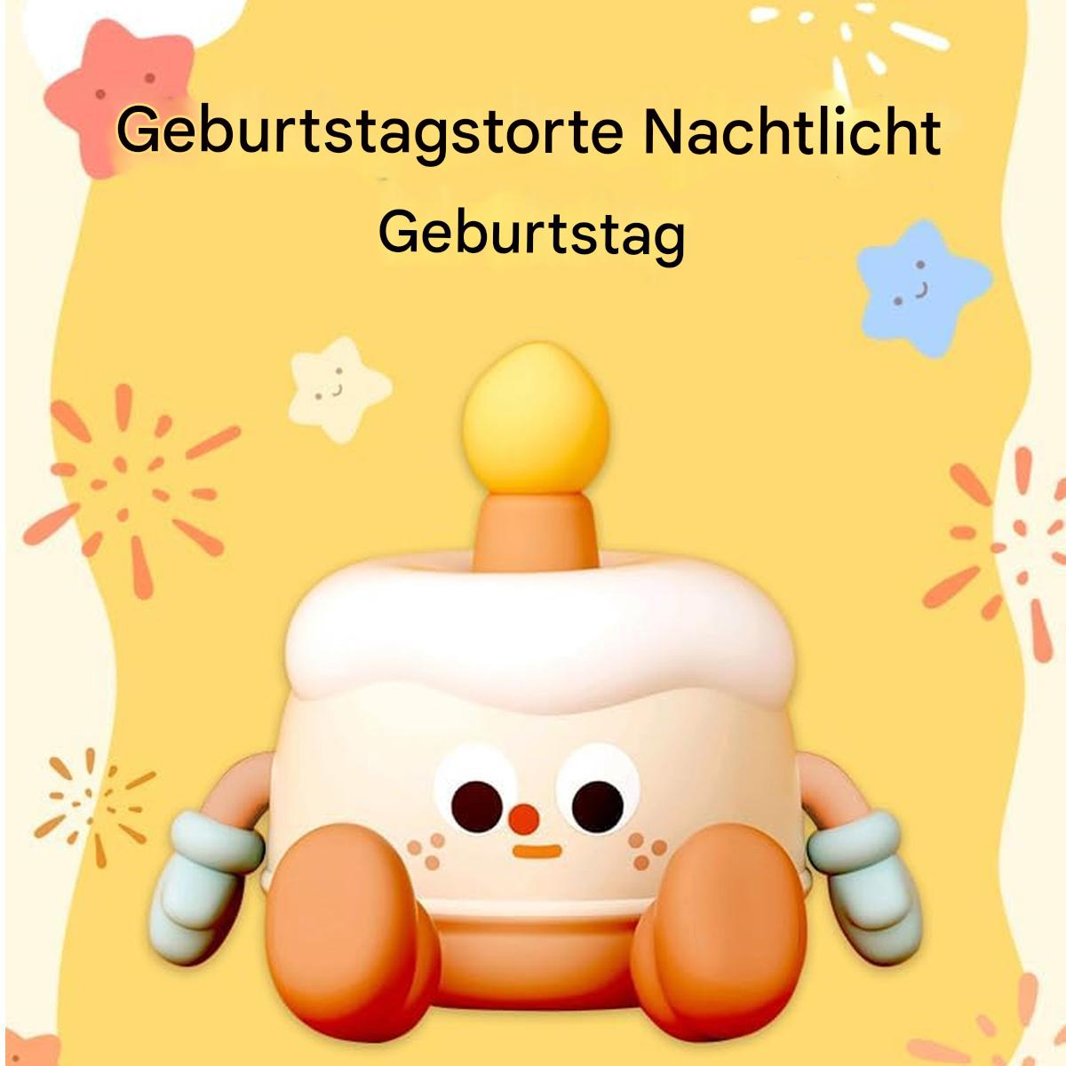 Cartoon-Geburtstagskuchen mit Kerze und Sternen auf gelbem Hintergrund.