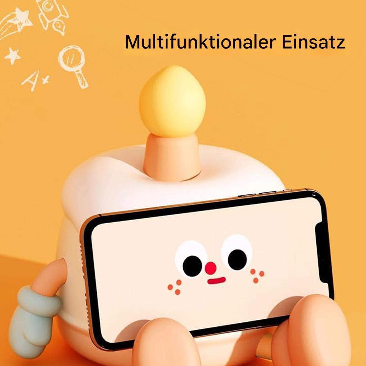 Ein weiß-gelber Telefonständer mit einem Telefon und einem Cartoon-Gesicht auf dem Ständer.