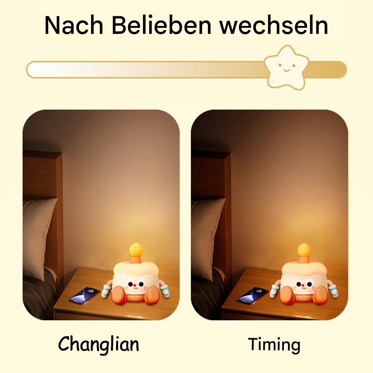 Zwei Bilder eines Nachtlichts. Eins ist gedimmt, das andere heller. Text: Changlian, Timing.