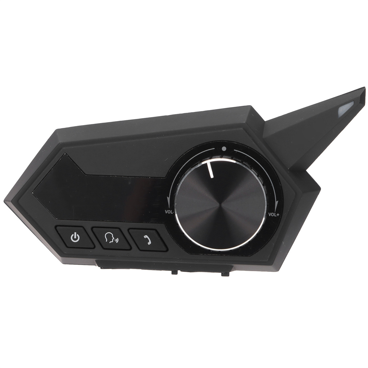 Ein schwarzes Bedienfeld für einen Motorradhelm mit Tasten und Lautstärkeregler.