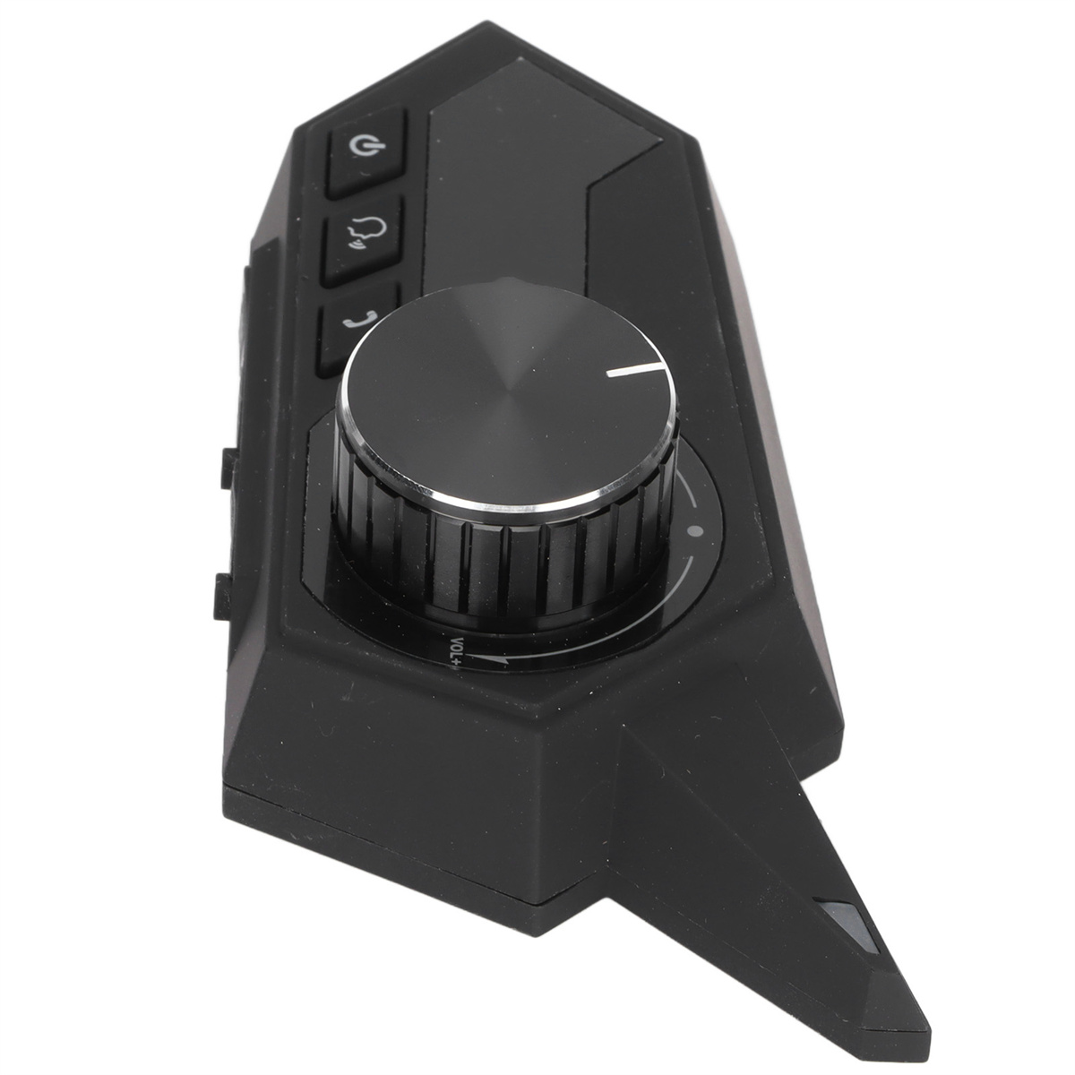Schwarzes Bedienfeld mit Tasten und einem Lautstärkeregler. Es hat ein schlankes, eckiges Design.