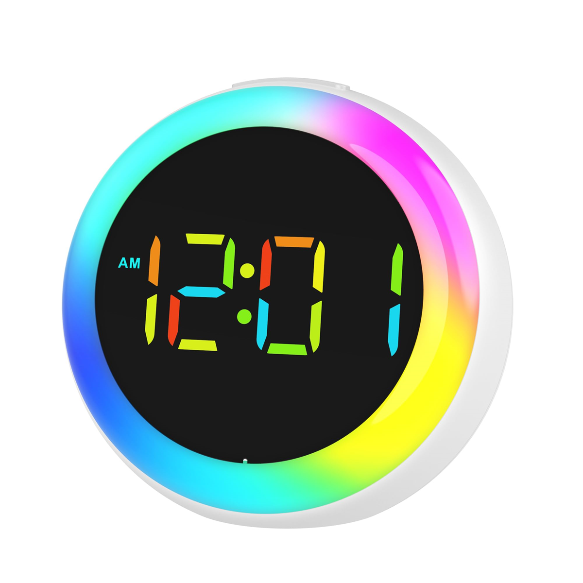 Digitaler Wecker mit farbig beleuchtetem Rand. Die angezeigte Uhrzeit ist 12:01 AM.