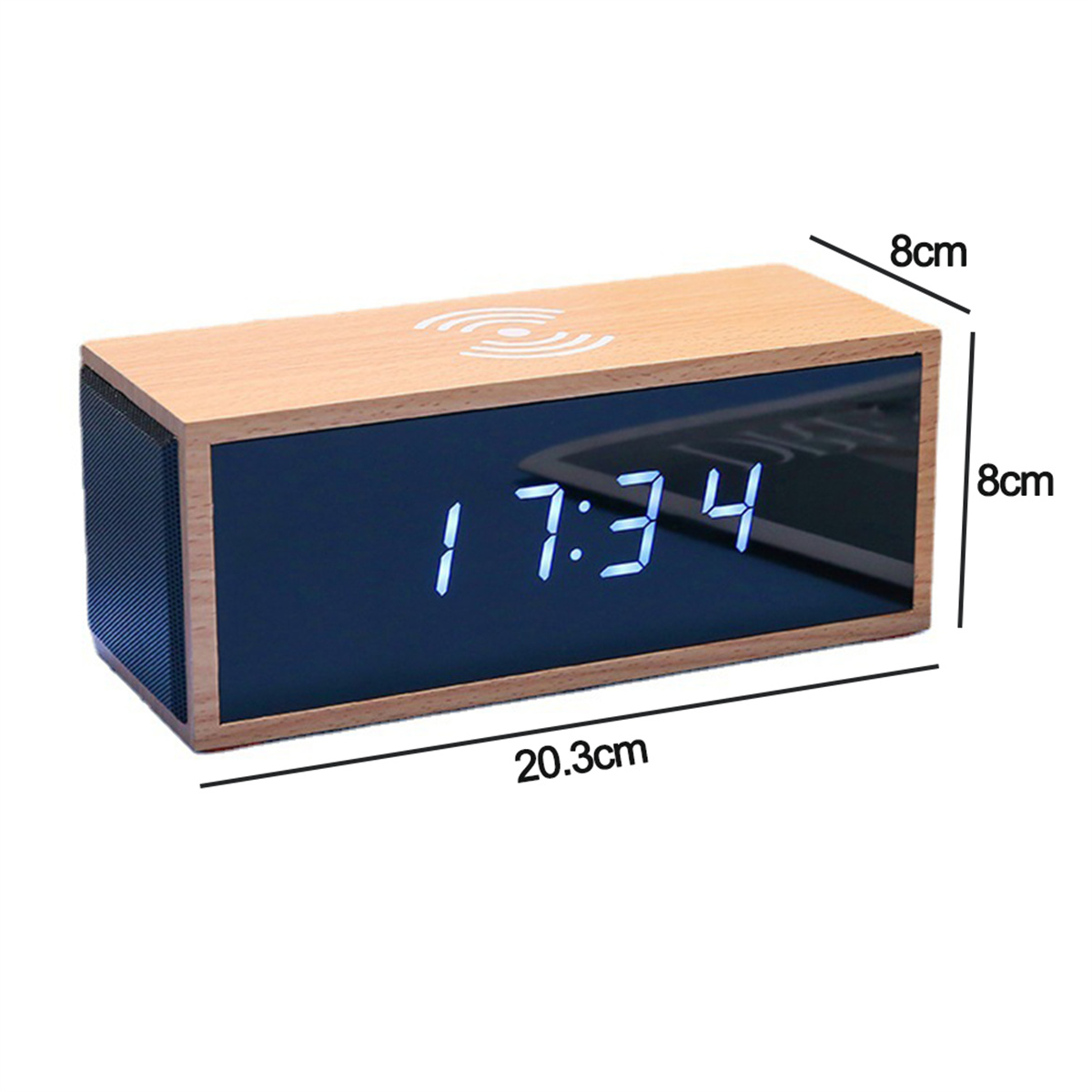 Eine Holzuhr mit digitaler Anzeige von 17:34 und Abmessungen von 20,3 cm, 8 cm und 8 cm.