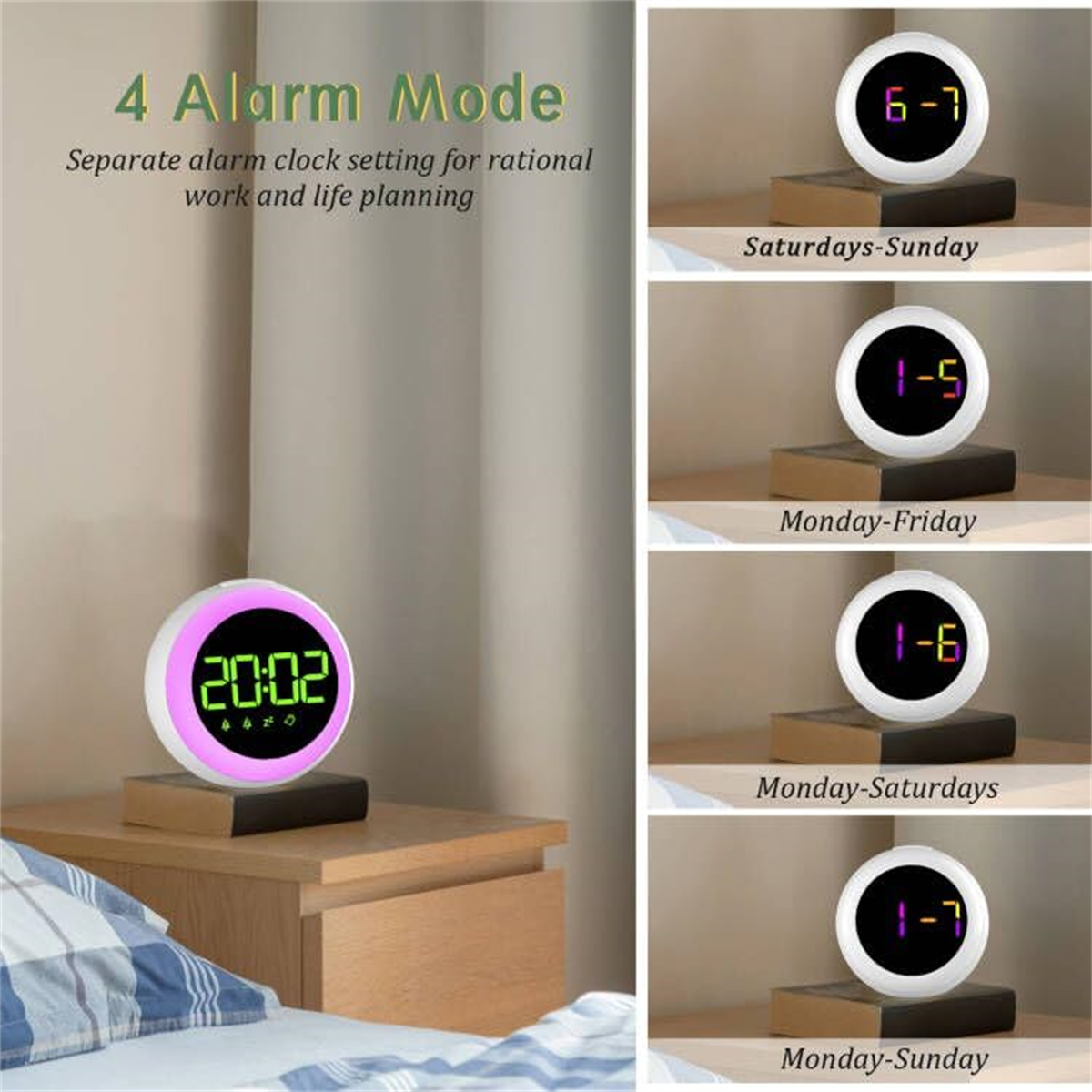 Wecker mit 4 Alarmmodi. Die Uhr zeigt die Zeit auf einem kleinen Ständer. Farbdisplay.