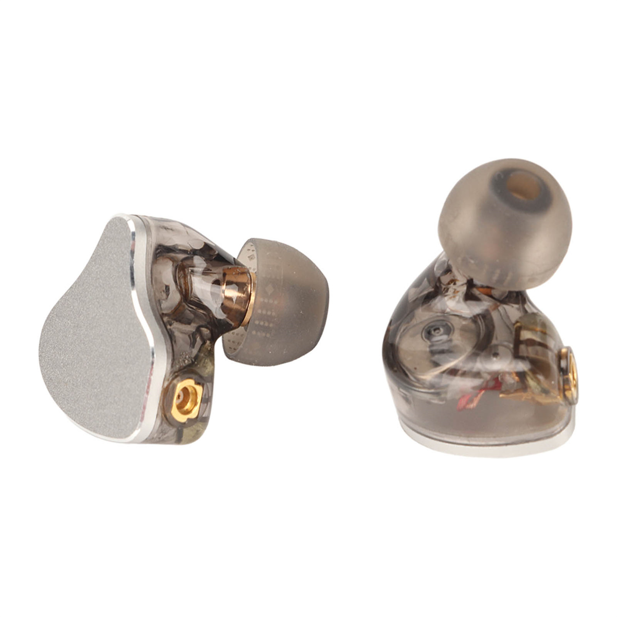 Zwei In-Ear-Kopfhörer. Beide sind transparent und grau und zeigen interne Komponenten und eine graue Ohrtülle.