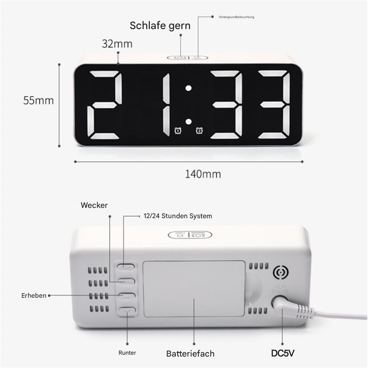 Digitaler Wecker mit der Anzeige 21:33, mit Maßen und Beschriftungen, auf weißem Hintergrund.