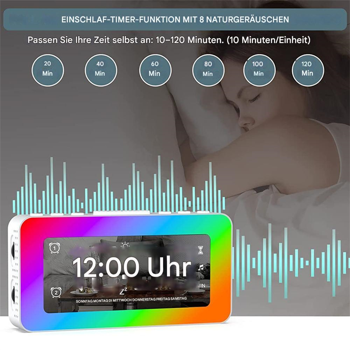 Eine Uhr, die Zeit und Schlafeinstellungen anzeigt, mit einer schlafenden Frau auf der rechten Seite.