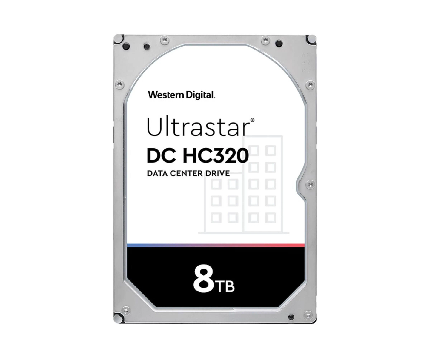 Disco rigido con etichetta e testo: Ultrastar DC HC320. Sfondo bianco.