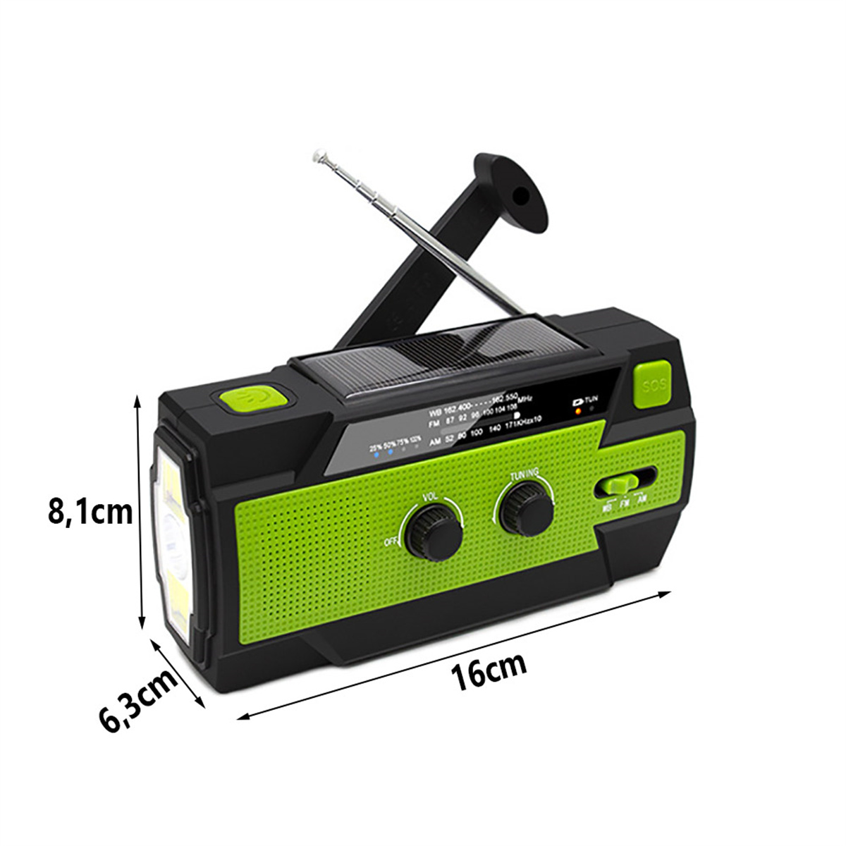 Ein grün-schwarzes Solar-Radio mit Abmessungen und sichtbarer Antenne.