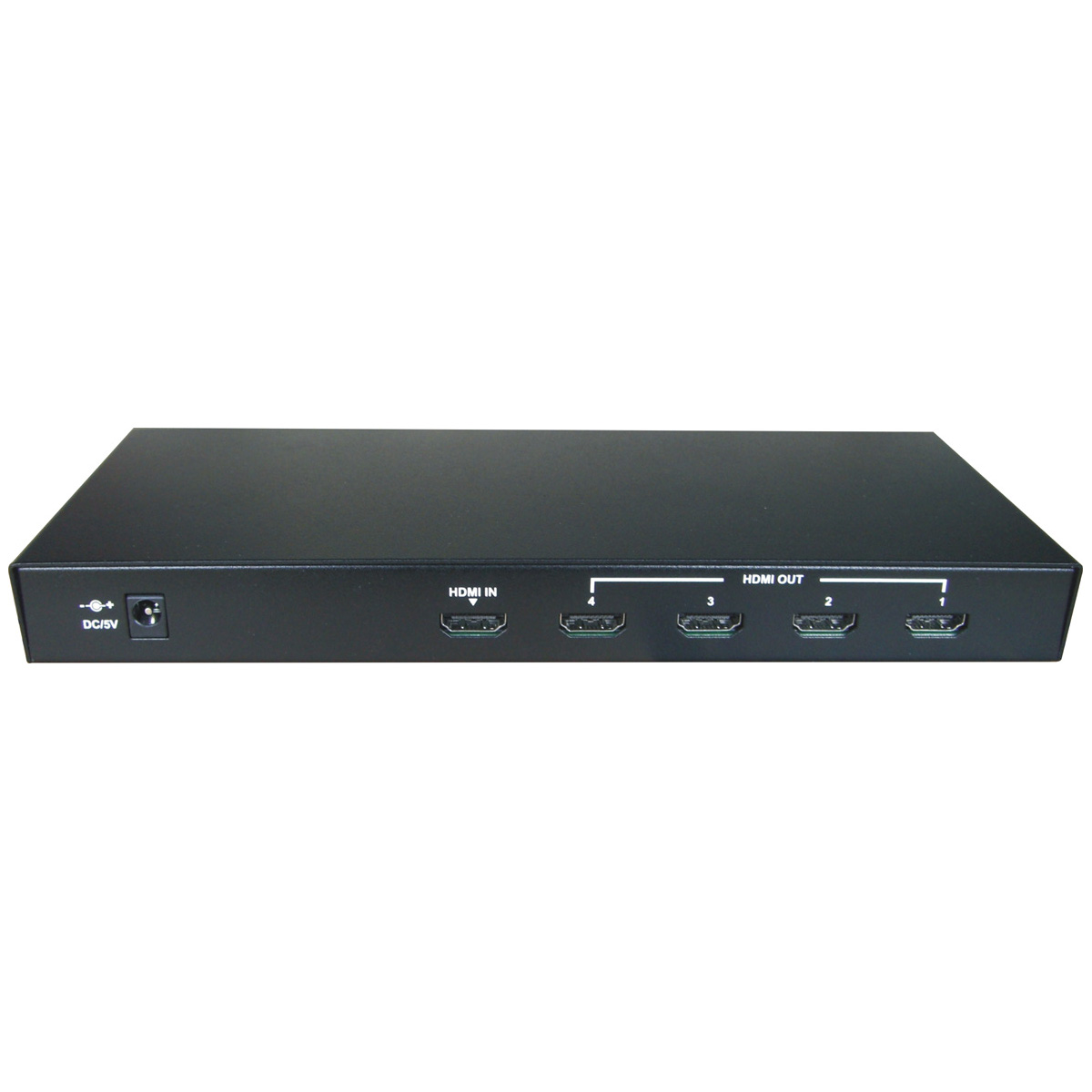 Schwarzer HDMI-Splitter mit Eingangs- und Ausgangsanschlüssen, beschriftet.