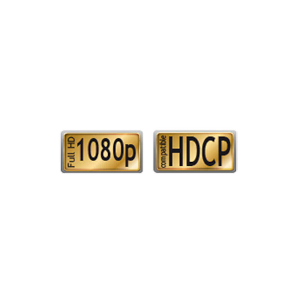 Zwei goldene rechteckige Etiketten: '1080p' und 'HDCP kompatibel'.