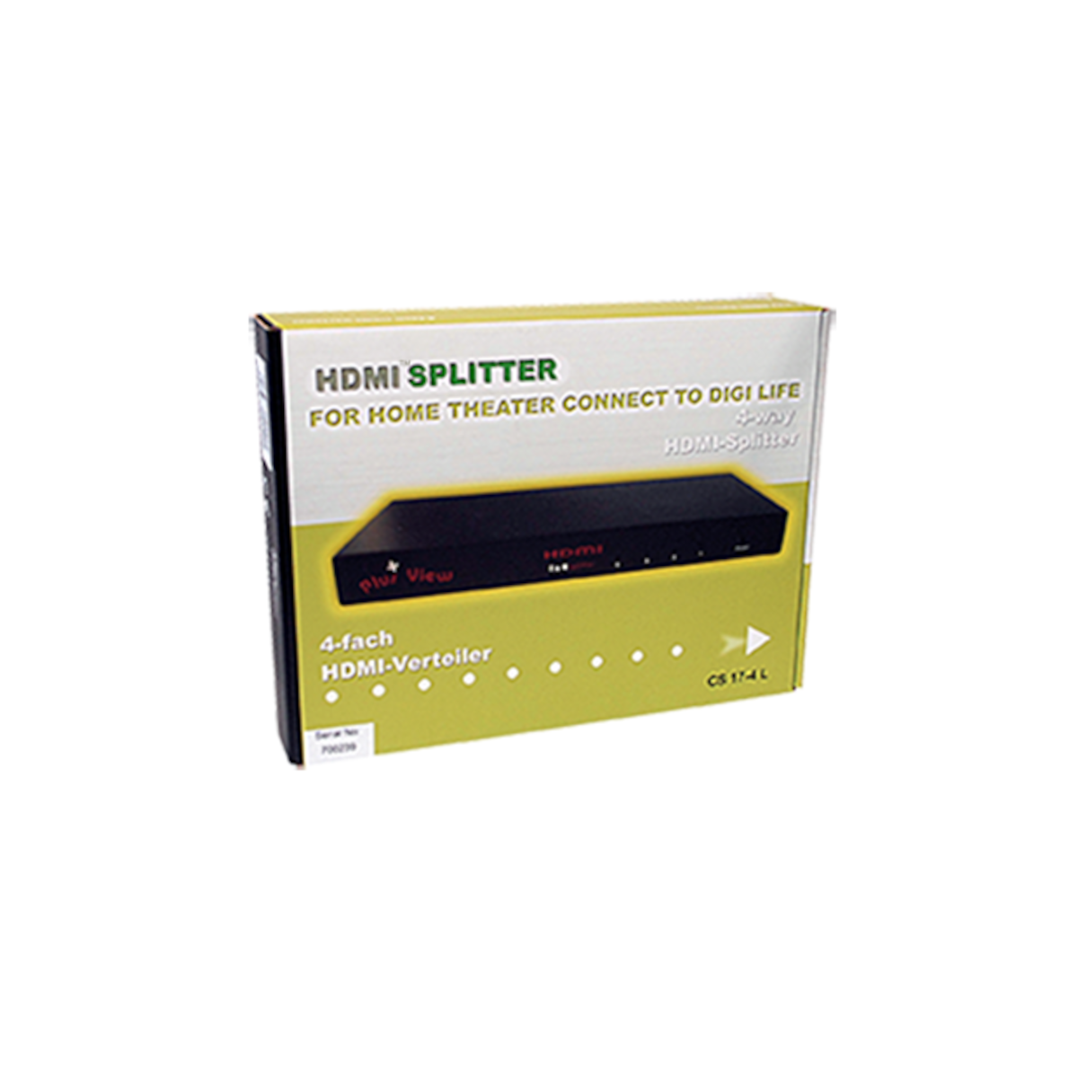 Eine Produktbox mit einem HDMI-Splitter, mit einem schwarzen Gerät und dem Text "HDMI Splitter."