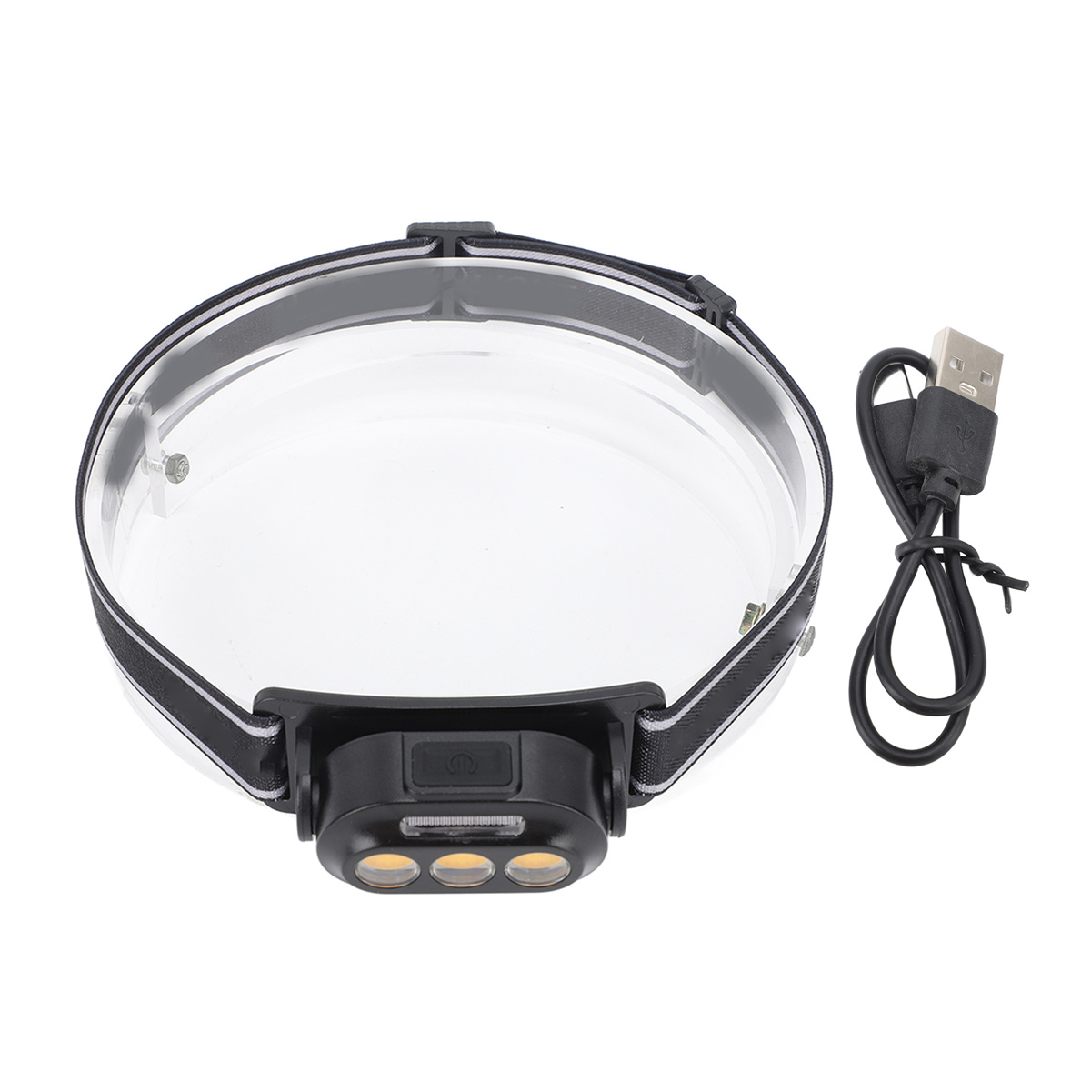 Stirnlampe mit drei Lichtern, schwarzem und transparentem verstellbarem Riemen und USB-Kabel.