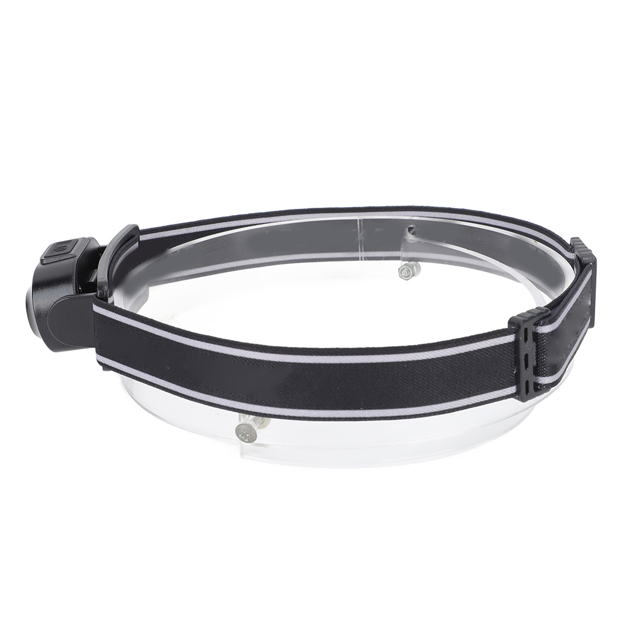 Eine schwarze Stirnlampe mit einem schwarz-weißen Gurt. Das Licht ist vorne.