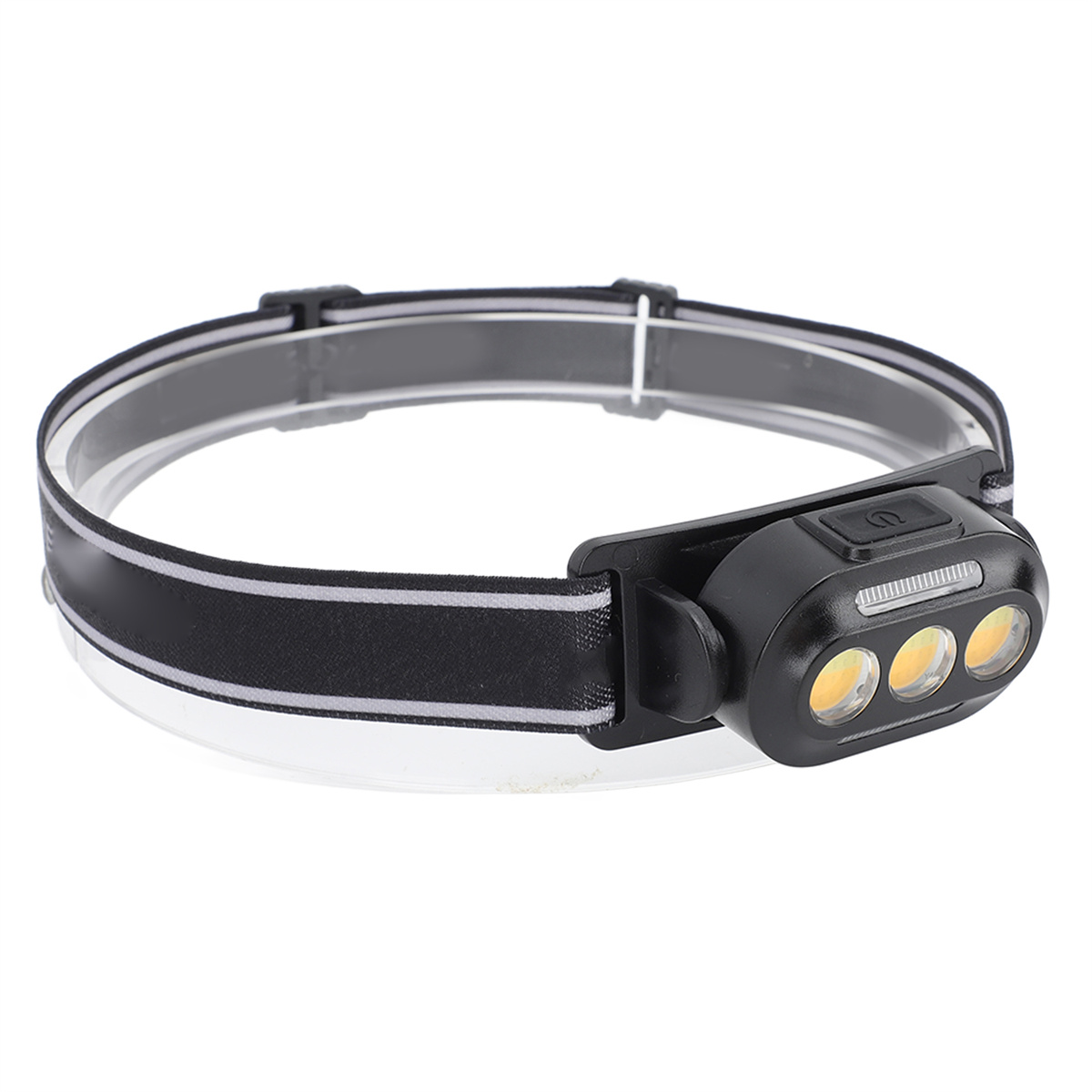 Stirnlampe mit drei Lichtern und einem schwarz-weißen Band.