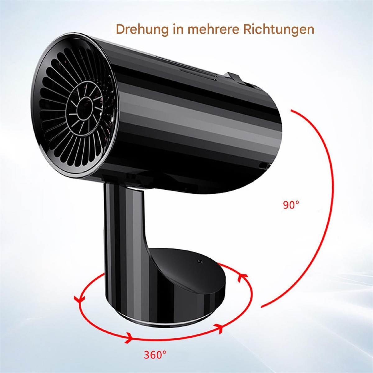 Schwarzer Ventilator, Pfeile zeigen, dass er sich um 360 Grad und 90 Grad dreht. Text auf Deutsch. Weißer Hintergrund.