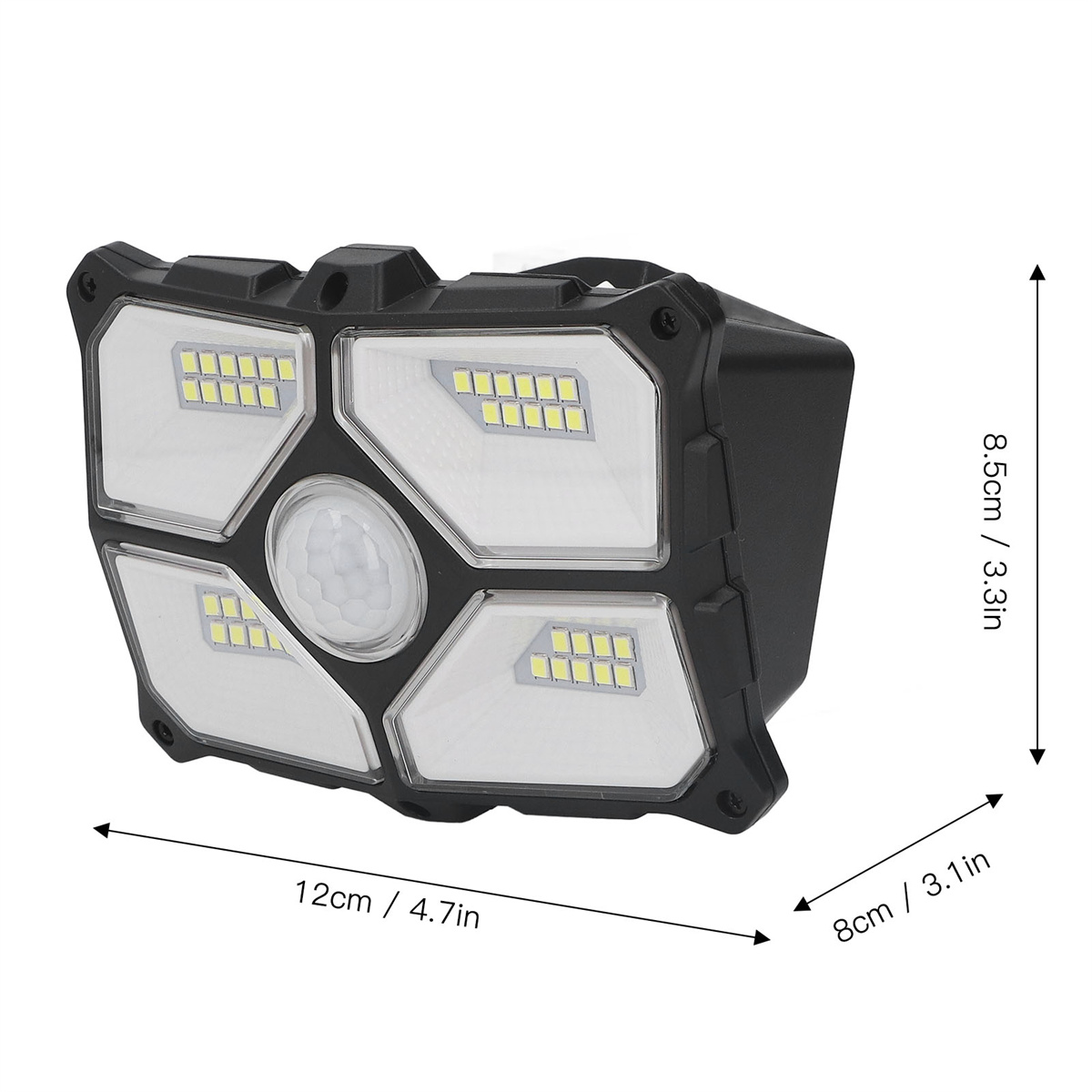 Schwarze solarbetriebene Außenleuchte mit Abmessungen. Sie hat einen Bewegungssensor und mehrere LEDs.