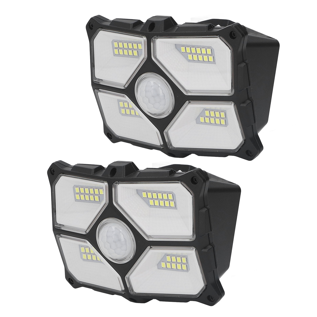 Zwei schwarze rechteckige Solarlampen mit weißen Paneelen und einem Bewegungssensor. Sie sind an einer Oberfläche montiert.