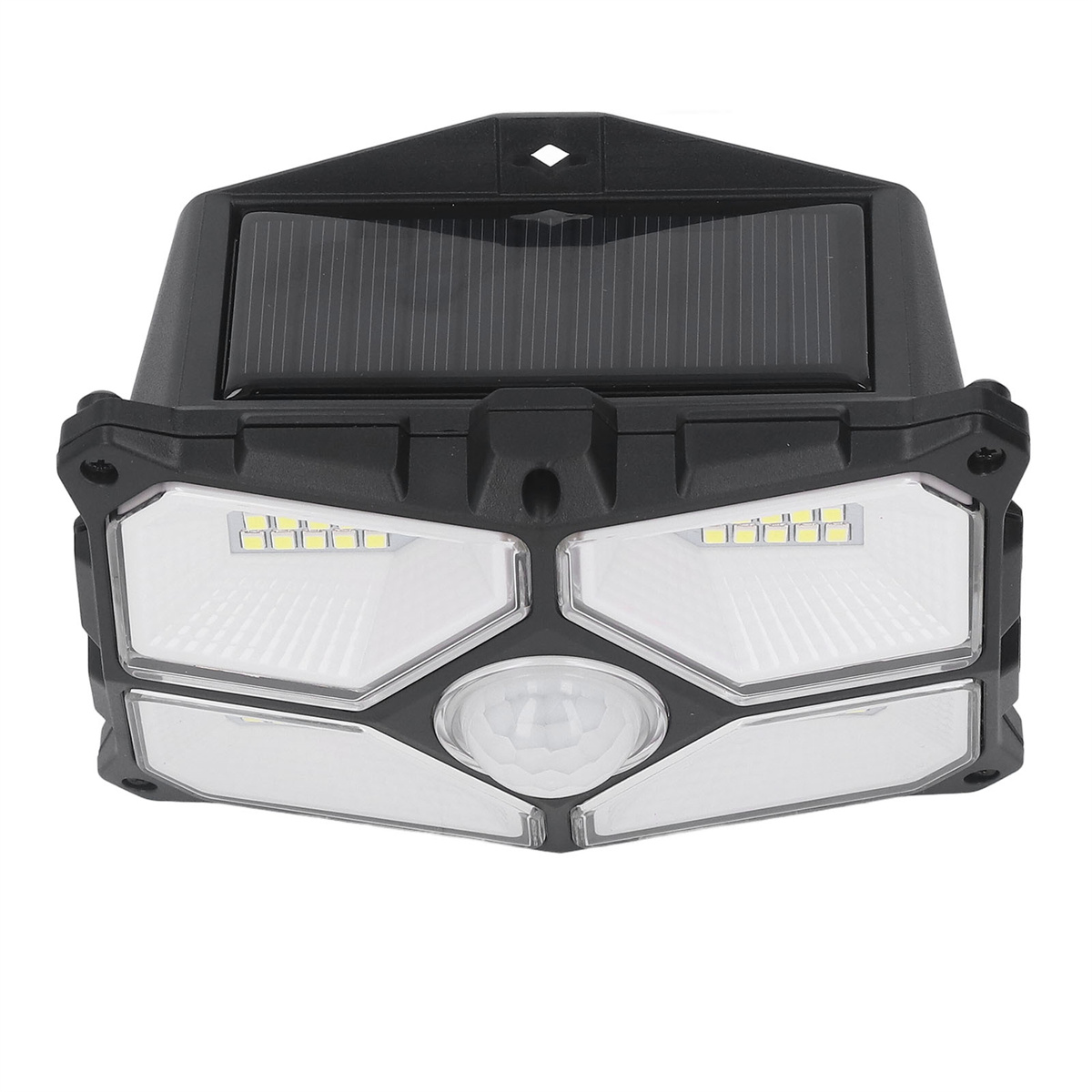 Schwarze Solarsicherheitsleuchte mit LEDs und Bewegungssensor, isoliert auf weißem Hintergrund.