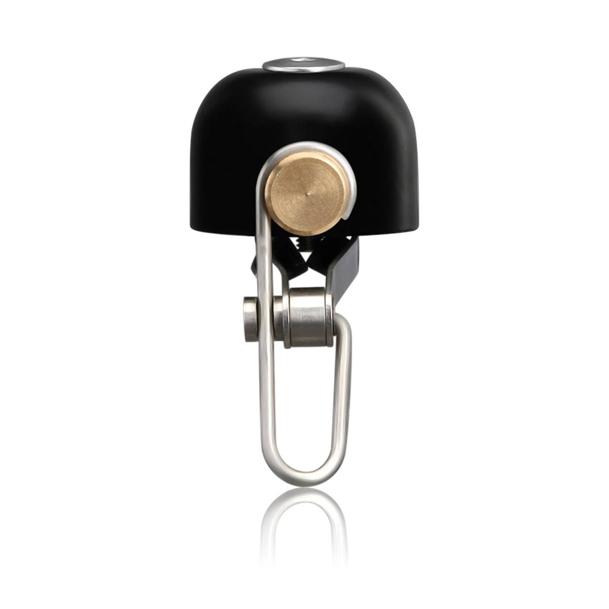 Eine schwarze Fahrradklingel mit goldfarbenem Schlagstück und silberfarbener Halterung.