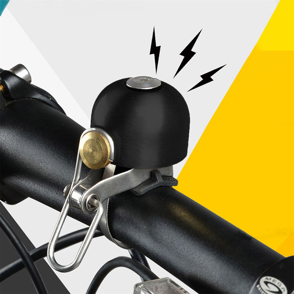 Schwarze Fahrradklingel an Lenker montiert. Drei Blitze über der Klingel. Gelb und blauer Hintergrund.