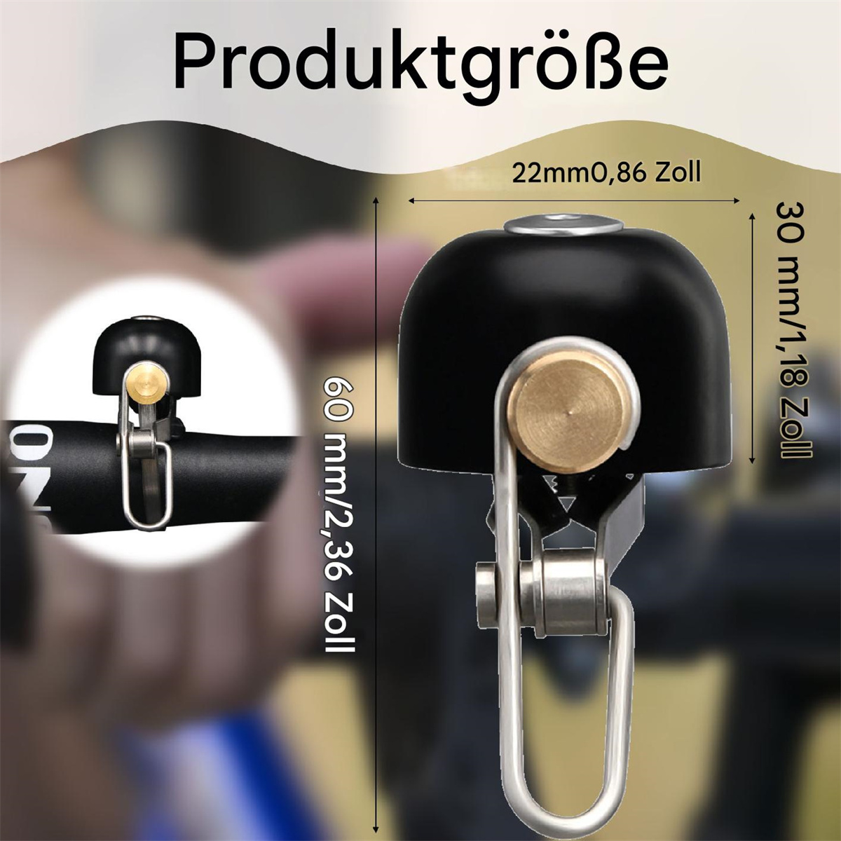 Nahaufnahme einer schwarzen Fahrradklingel mit Abmessungen in mm und Zoll.