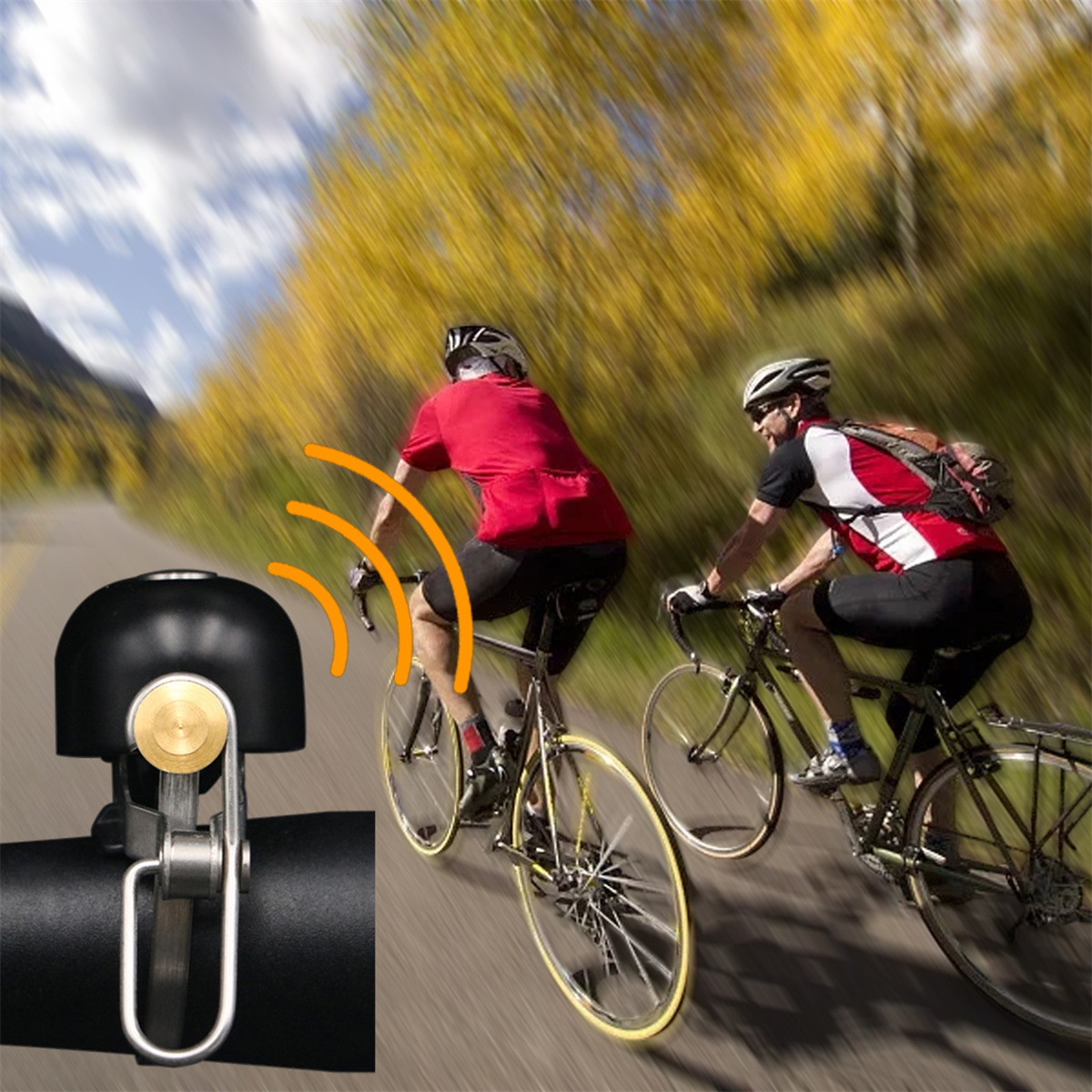 Fahrradklingel am Lenker, mit zwei Radfahrern auf einer Straße mit Herbstbäumen. Die Klingel läutet.