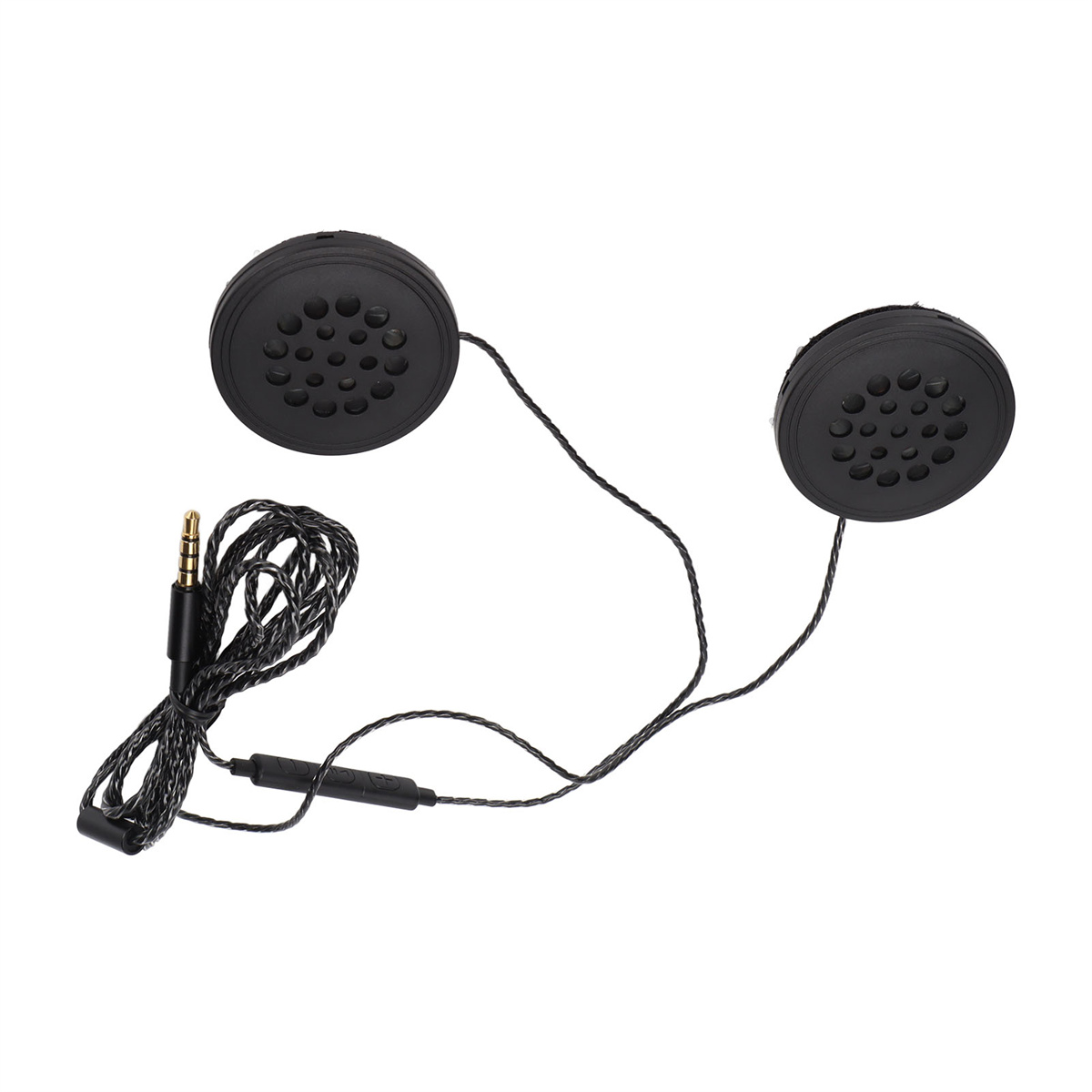 Zwei schwarze Ohrhörer-Lautsprecher mit Mikrofon und Steuerung. Das Kabel ist schwarz und verdrillt.