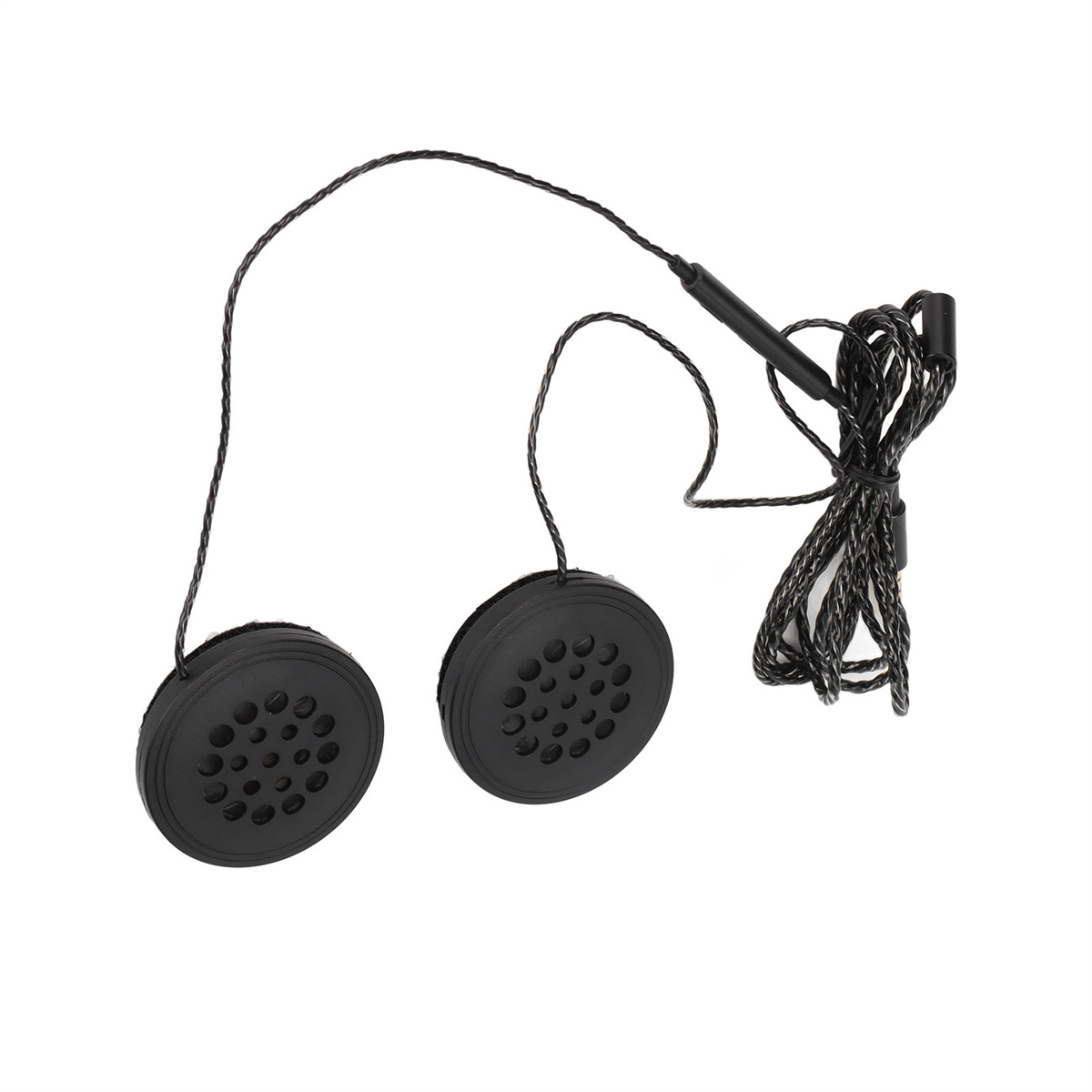 Schwarze, runde Lautsprecher mit Löchern, verbunden durch ein schwarzes Kabel, vor weißem Hintergrund.