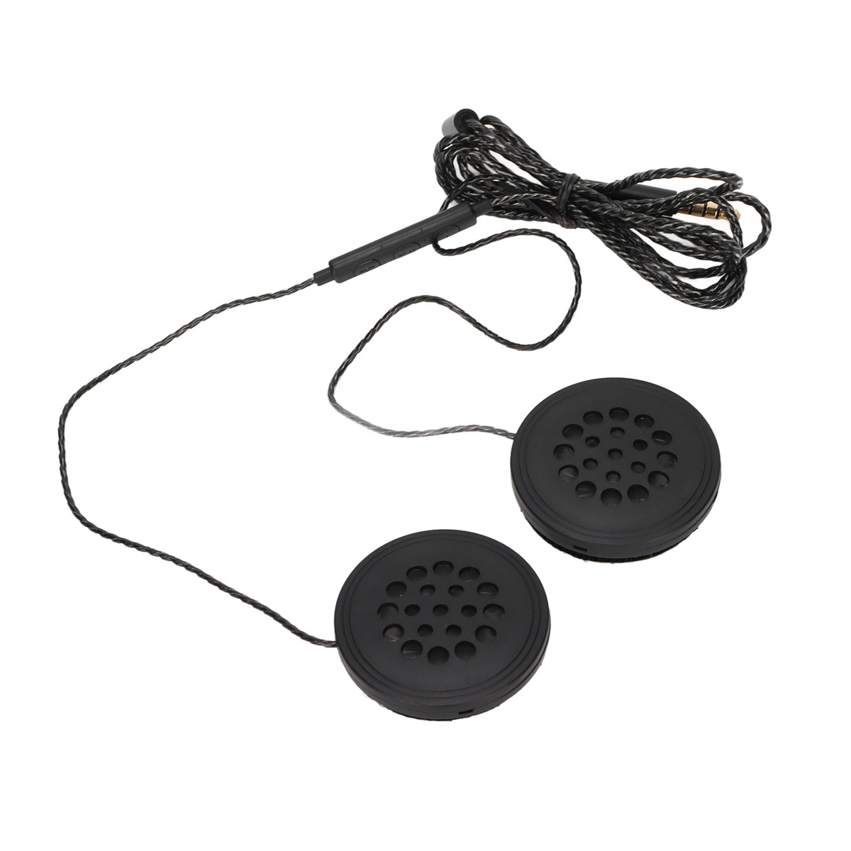 Schwarze In-Ear-Kopfhörer mit Verbindungsdraht und zwei runden Ohrstücken.