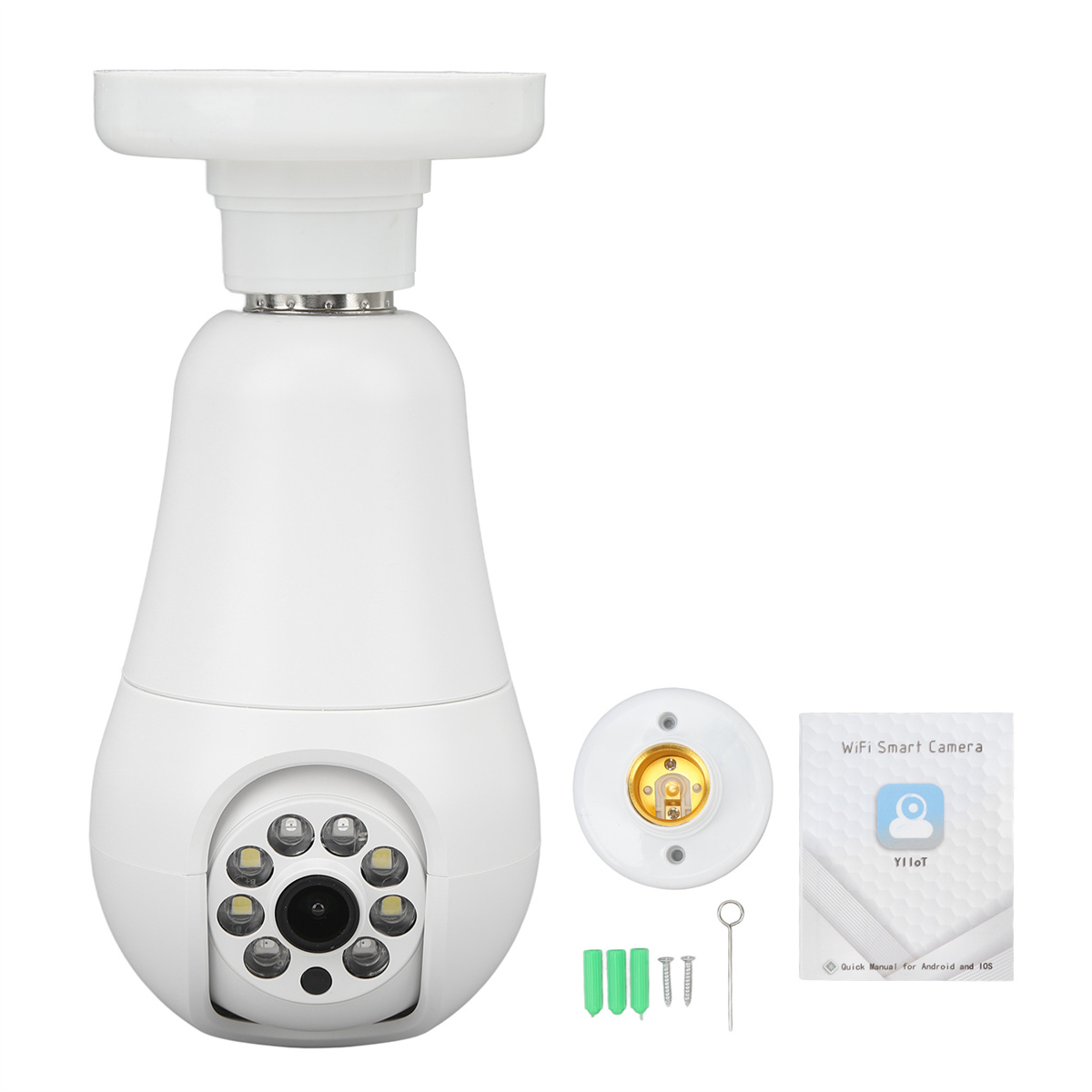 Weiße Smart-Kamera in Form einer Glühbirne, mit Kamera und Zubehör.