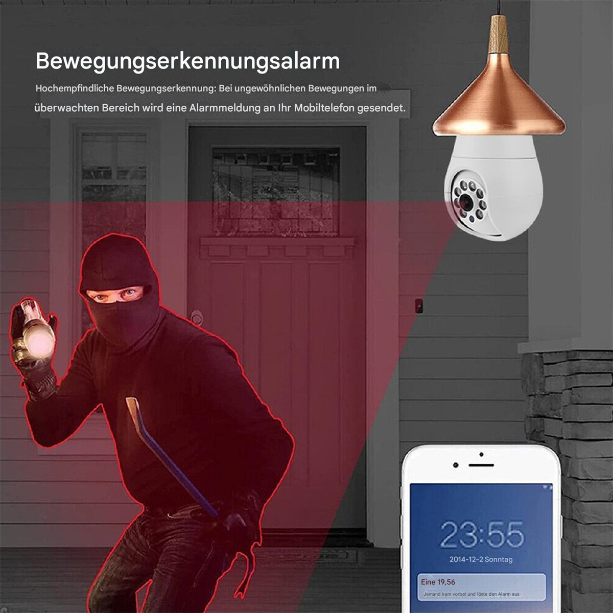 Ein Einbrecher mit Taschenlampe und Brecheisen wird von einer Überwachungskamera erwischt. Ein Telefon zeigt die Zeit.