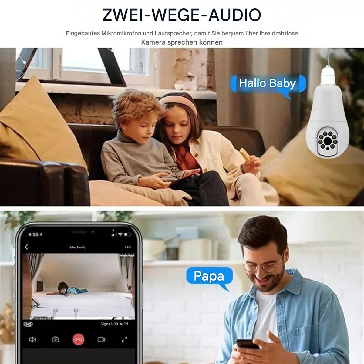 Zwei Kinder und ein Mann schauen auf einen Telefonbildschirm, der eine Live-Kameraansicht zeigt.