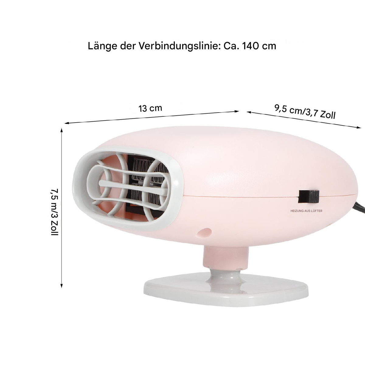 Ein rosa tragbarer Heizlüfter mit Maßangaben, Seitenansicht, weißem Sockel und schwarzem Netzkabel.