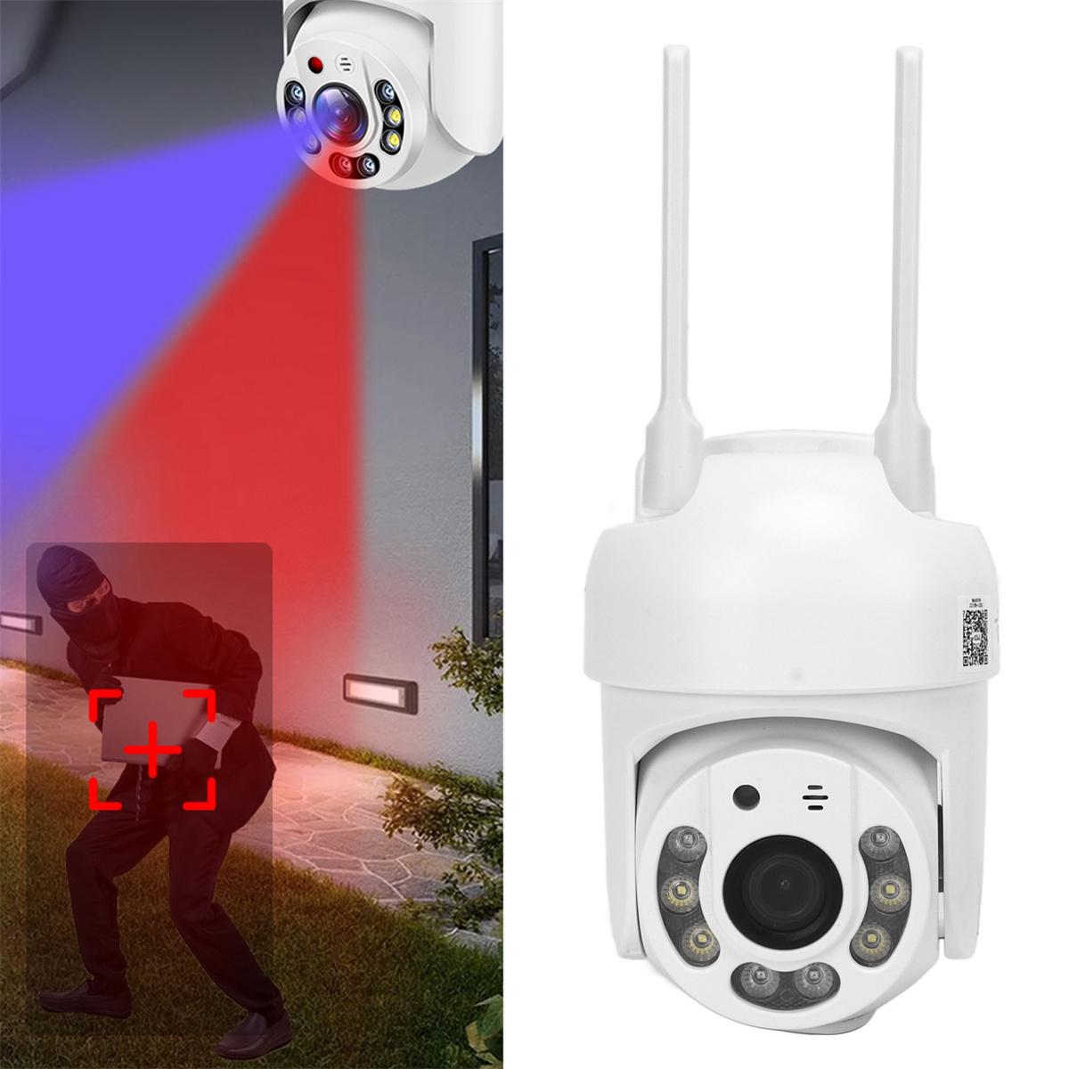 Überwachungskamera mit roten und blauen Lichtern, ein Dieb mit Laptop und eine weiße Kamera.