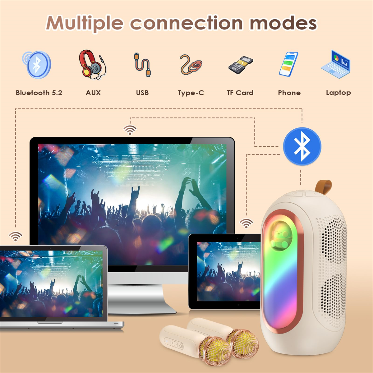 Ein Lautsprechersystem mit mehreren Verbindungsmodi, inkl. Bluetooth und USB, mit Mikros.
