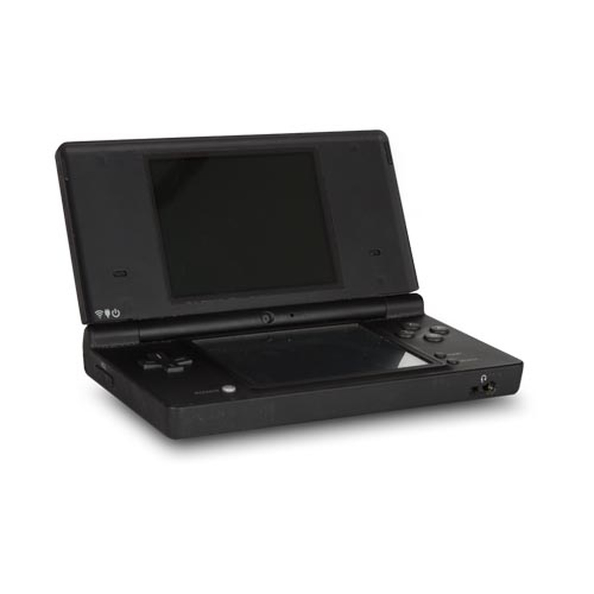 Eine schwarze Nintendo DS-Konsole, geöffnet. Der Bildschirm ist schwarz und die Tasten sind sichtbar.