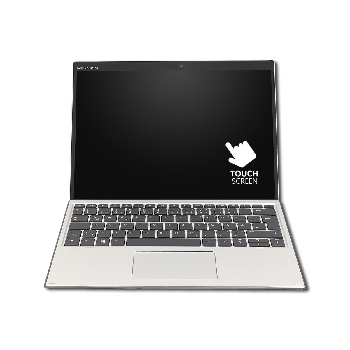 Ein silberner Laptop mit schwarzem Bildschirm und Touchscreen-Anzeige auf weißer Oberfläche.