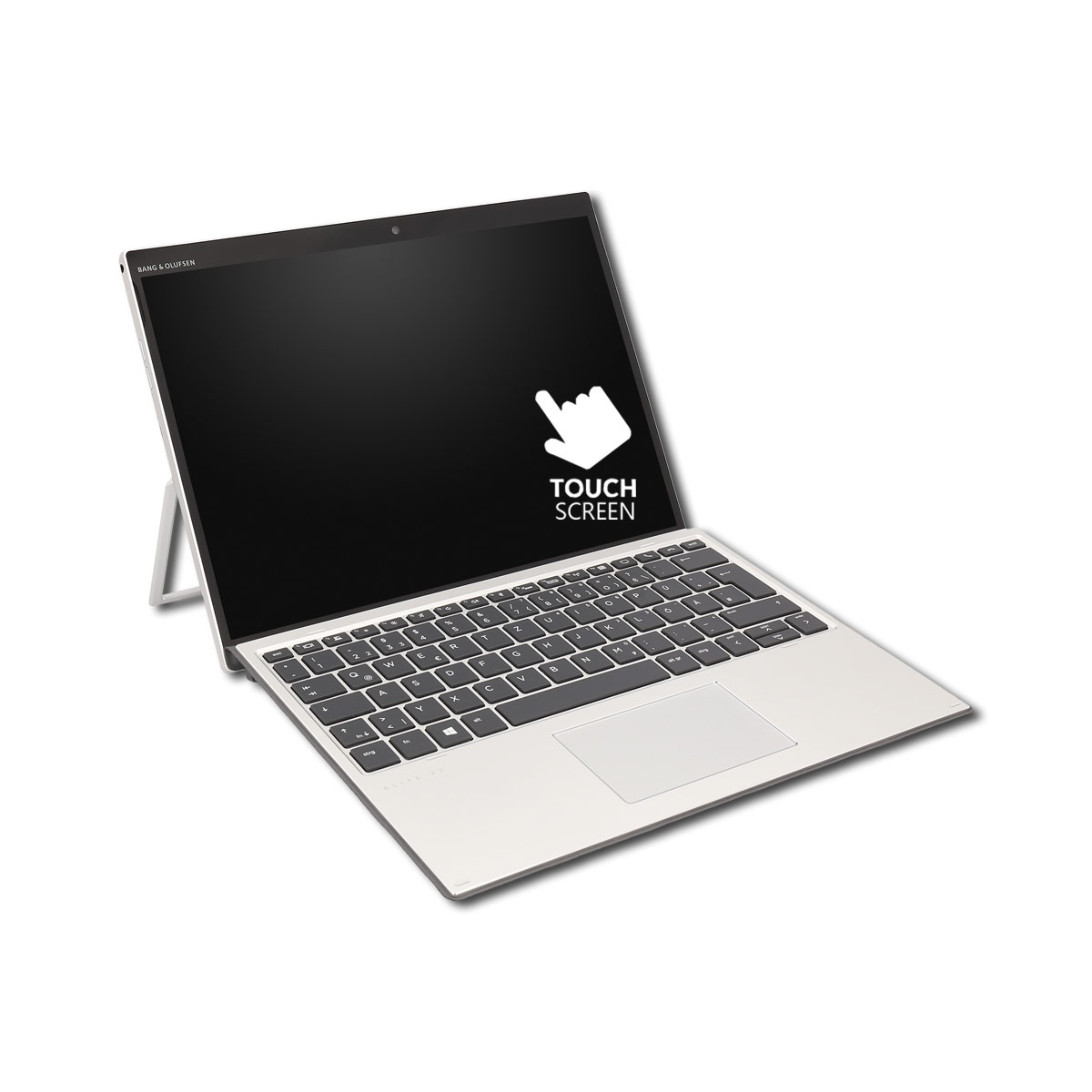 Laptop mit schwarzem Bildschirm und Tastatur. Es hat ein Touchscreen-Logo. Der Laptop ist silbern.