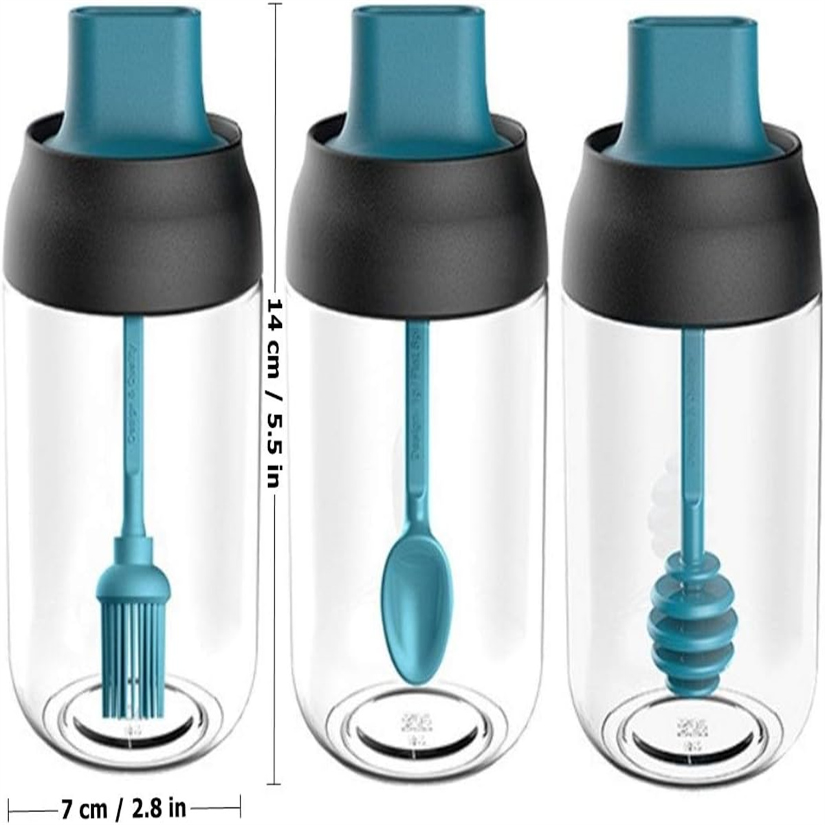 Drei durchsichtige Gläser mit verschiedenen blauen Aufsätzen für die Küche, mit Maßangaben.