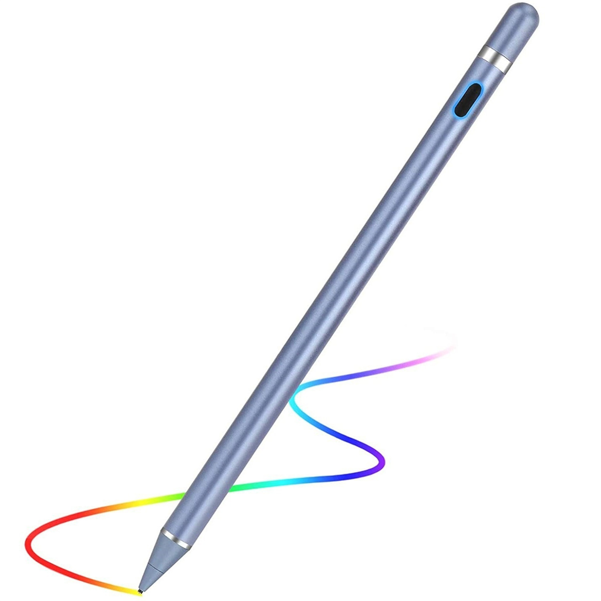 Ein blauer Stylus-Stift mit einer regenbogenfarbenen Linie. Weißer Hintergrund.
